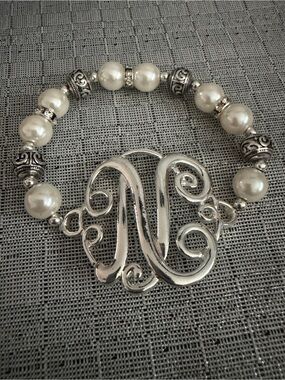 Silver-Tone and Pearl Monogram 'N' Stretch Bracelet - Women Jewelry